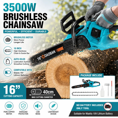 3500W Brushless 16" Cordless Chainsaw, Handheld Wood Cutting Garden Saw Compatible with Makita 18V Lithium Batteries, Dual 21V Battery Powered Electric Logging Pruner with Auto Oiler