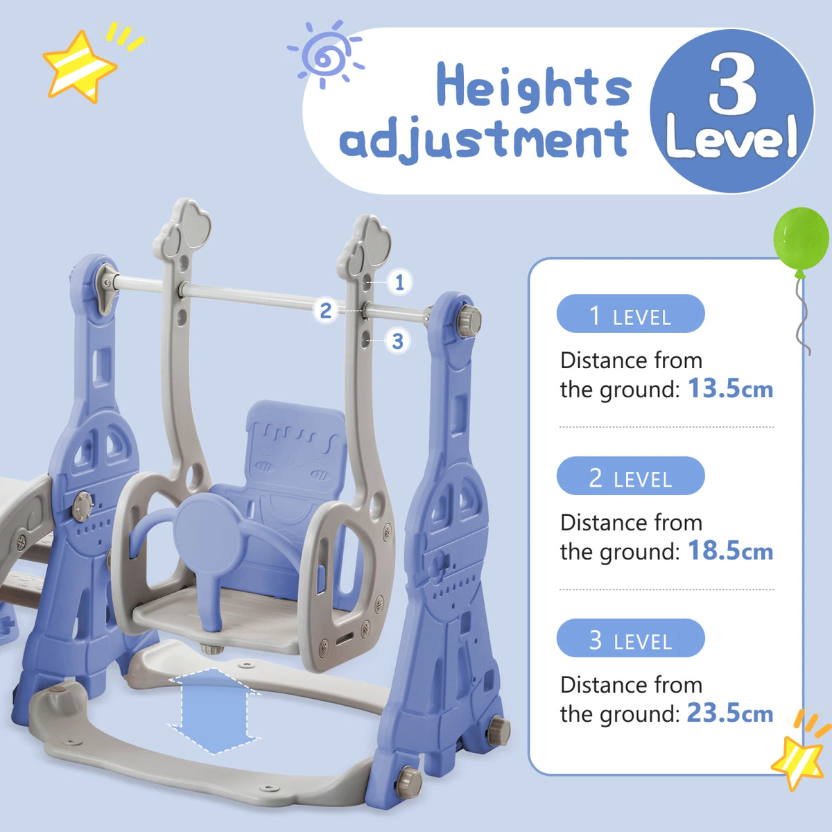 Anajqaqia 4-in-1 Toddler Playground Set, Kids Slide, Swing, Climbing Ladder and Basketball Hoop, Indoor Outdoor Play Center, Adjustable Swing, Blue
