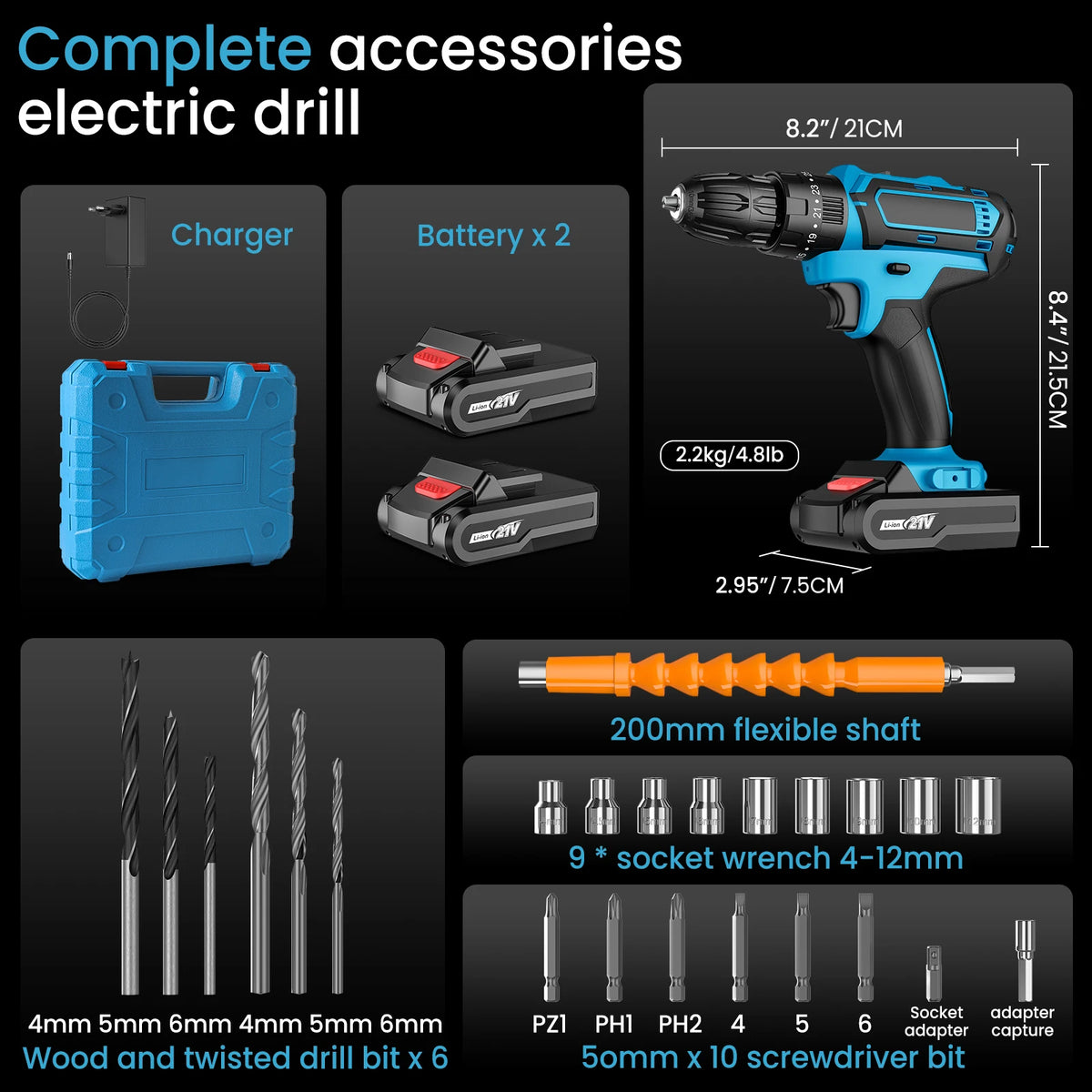 Cordless Impact Screwdriver Handheld Drill Power Tool 32 Torque Setting 2 Gear Speed Electric Screwdriver With 2 Batteries