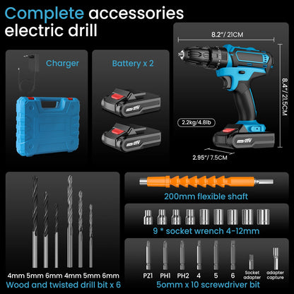 Cordless Impact Screwdriver Handheld Drill Power Tool 32 Torque Setting 2 Gear Speed Electric Screwdriver With 2 Batteries