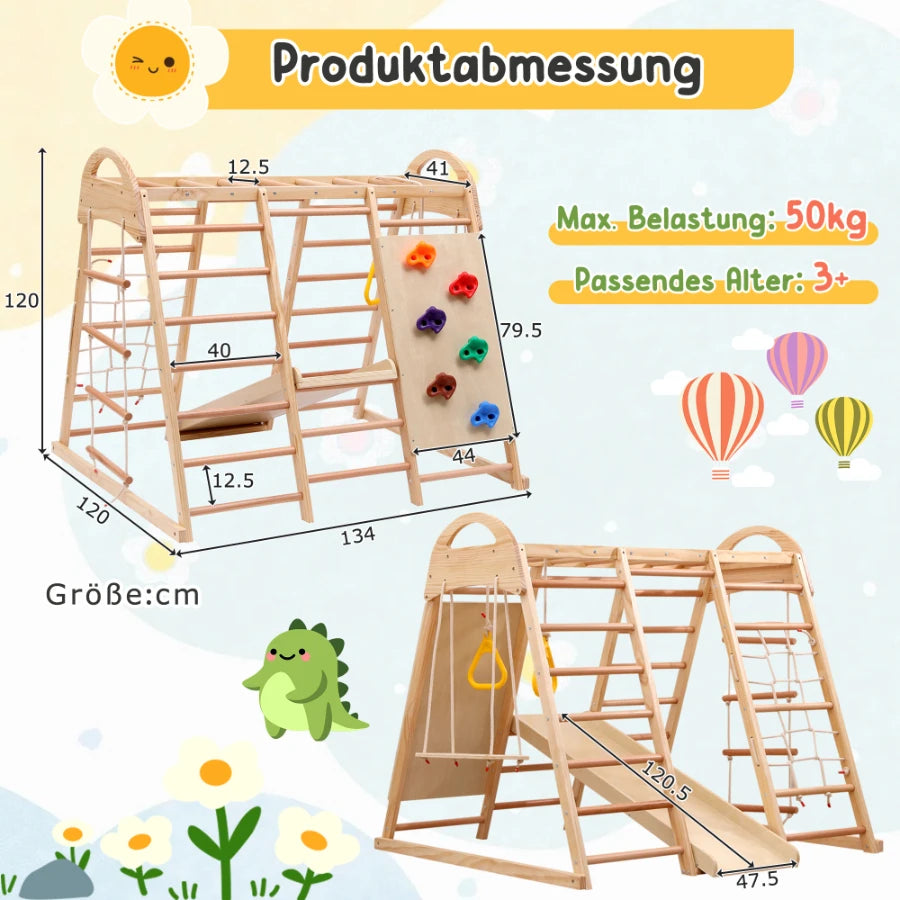 7 multifunctional 1 climbing Structure, made of solid drink, plywood and beech. Includes a swing, ladder, slide, climbing net, sockets and rings. Can also serve as shelter under tent.