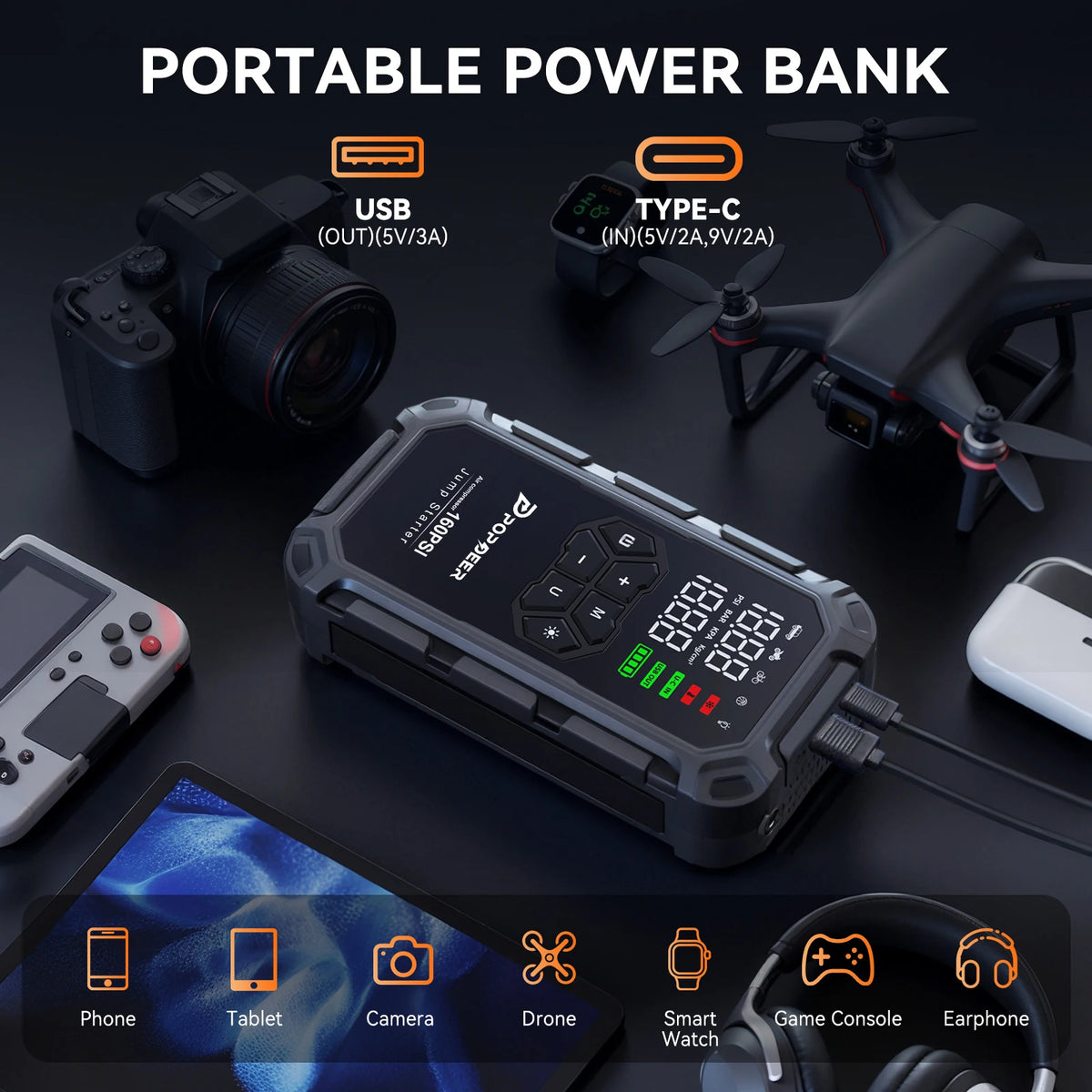POPDEER PD-JA66 6000A Jump Starter with Air Compressor 160PSI, for All Gas & 8L Diesel Engines, LCD Display, USB Port, LED Light