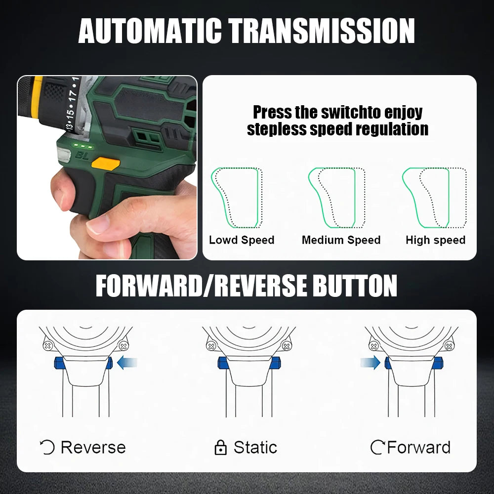 55N.M 10MM 23+1 Torque Brushless/Brushed (Yellow Kit) Electric Impact Drill Metal Ratchet Chuck Cordless Drill Electric Screwdriver DIY Power Tools