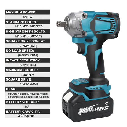 520N. m/1200N.M Cordless Electric Impact French Brushless Hand Electric Driver Electric Tool for Makita 18V Battery