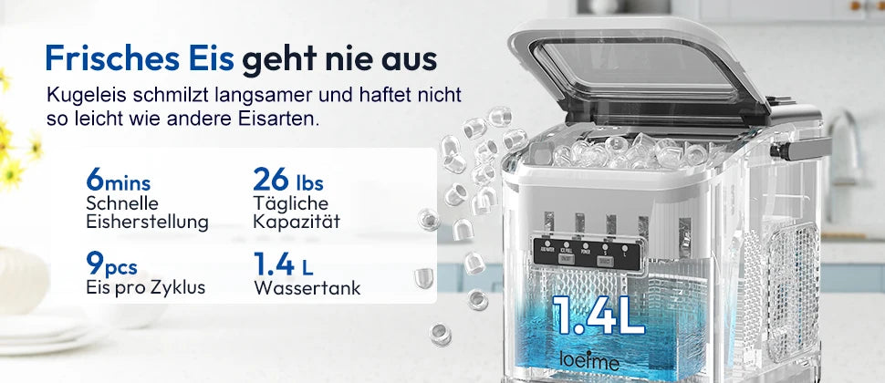 LOEFME Portable Ice Maker 12kg/24h 9 Ice Cubes in 6-13 Min LED Display with Adjustable Ice Size 1.4L Water Tank for Home