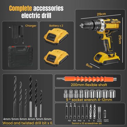 Cordless Impact Screwdriver Handheld Drill Power Tool 32 Torque Setting 2 Gear Speed Electric Screwdriver With 2 Batteries