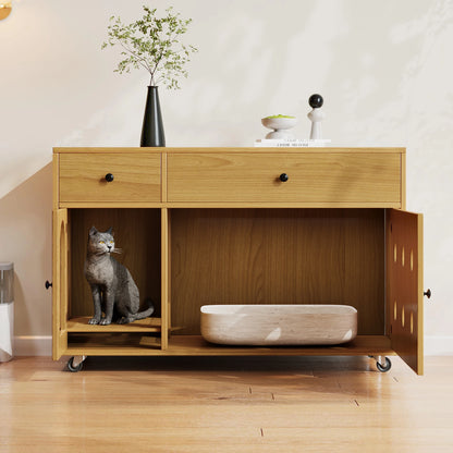 Wooden cat litter box cabinet/cat bed with drawers and wheels, multi-functional cat house furniture/portable cat toilet/storage cabinet, effectively controls odors, suitable for indoor cat house decoration.