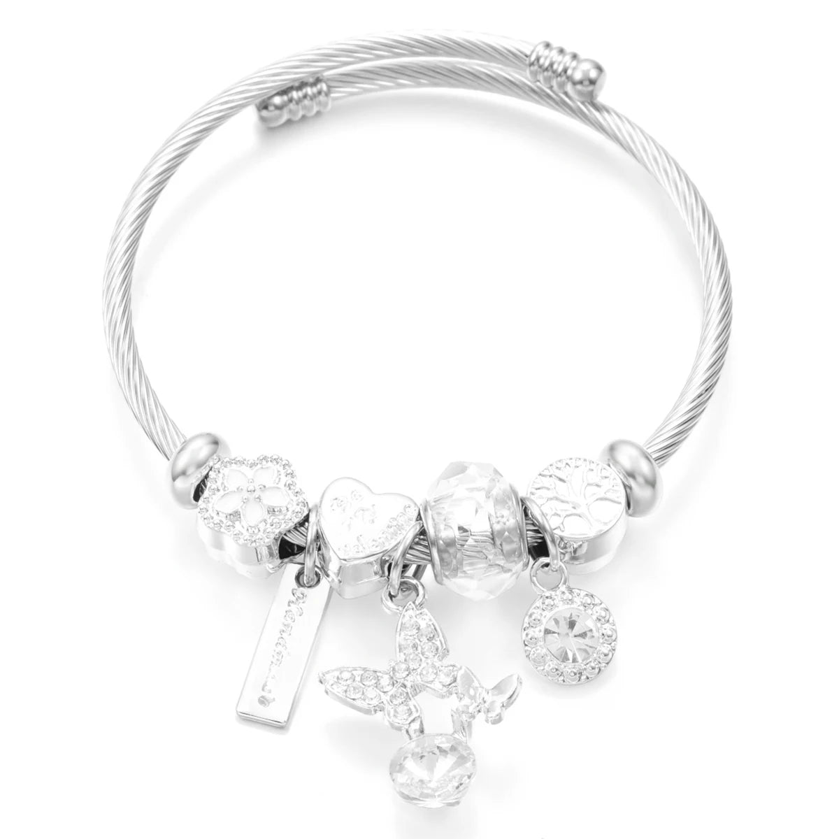 New Trendy Rhinestones Dragonfly Crystal Beaded Pendant Bracelet Stainless Steel 4 Colors Closure Bangles Women Bracelet Jewelry