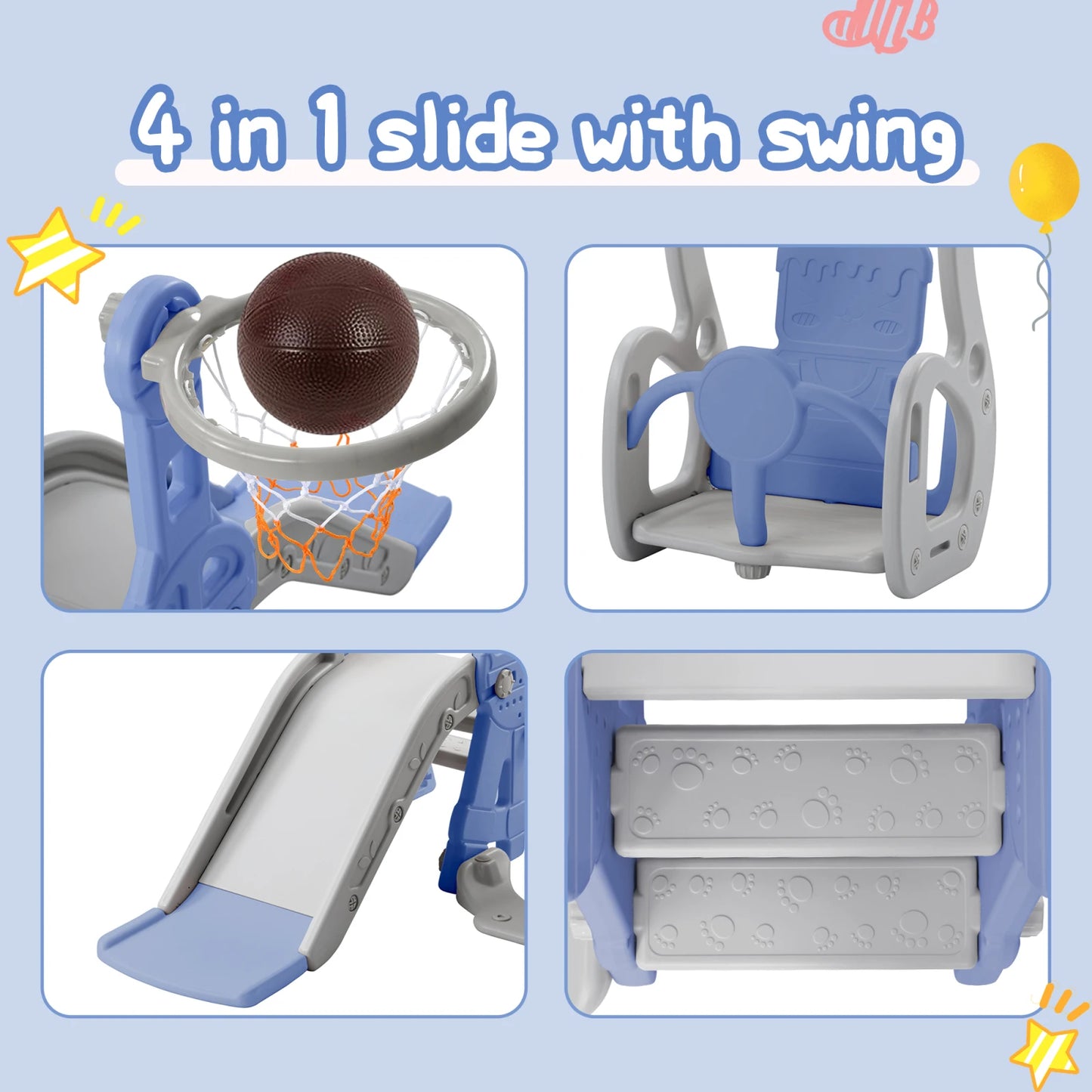 Anajqaqia 4-in-1 Toddler Playground Set, Kids Slide, Swing, Climbing Ladder and Basketball Hoop, Indoor Outdoor Play Center, Adjustable Swing, Blue