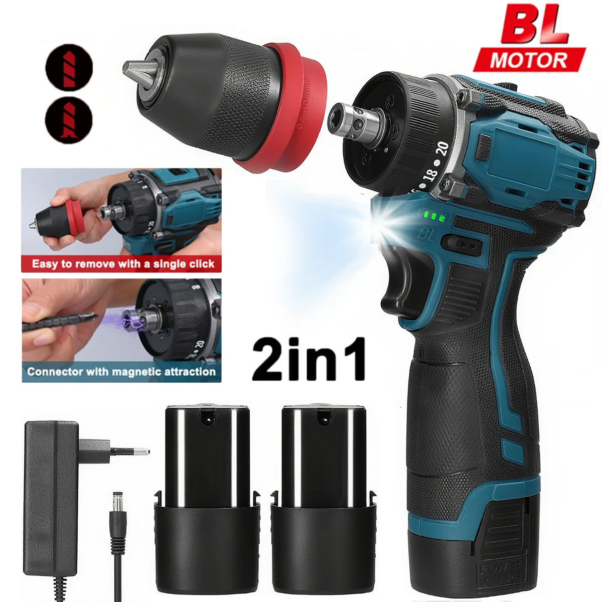 2in1 Brushless Electric Screwdriver Drill  55\45Nm Torque Cordless Speed Regulation Handheld Lithium Driver Dril with 2 Battery