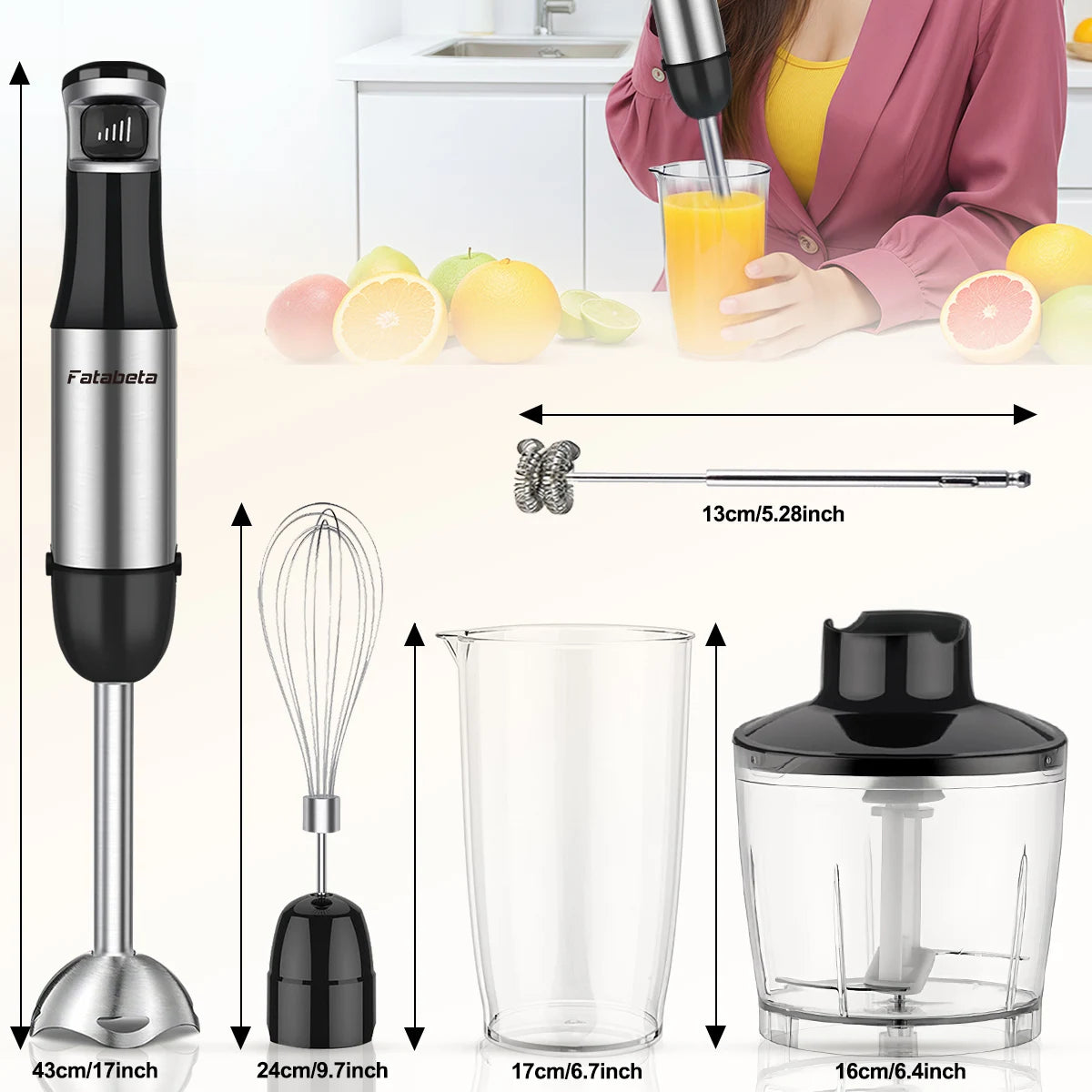 6 in 1 Handheld hand Immersion Blender - Stainless Steel Stick Blender with 5 Speed, Chopper, Whisk And Milk Frother