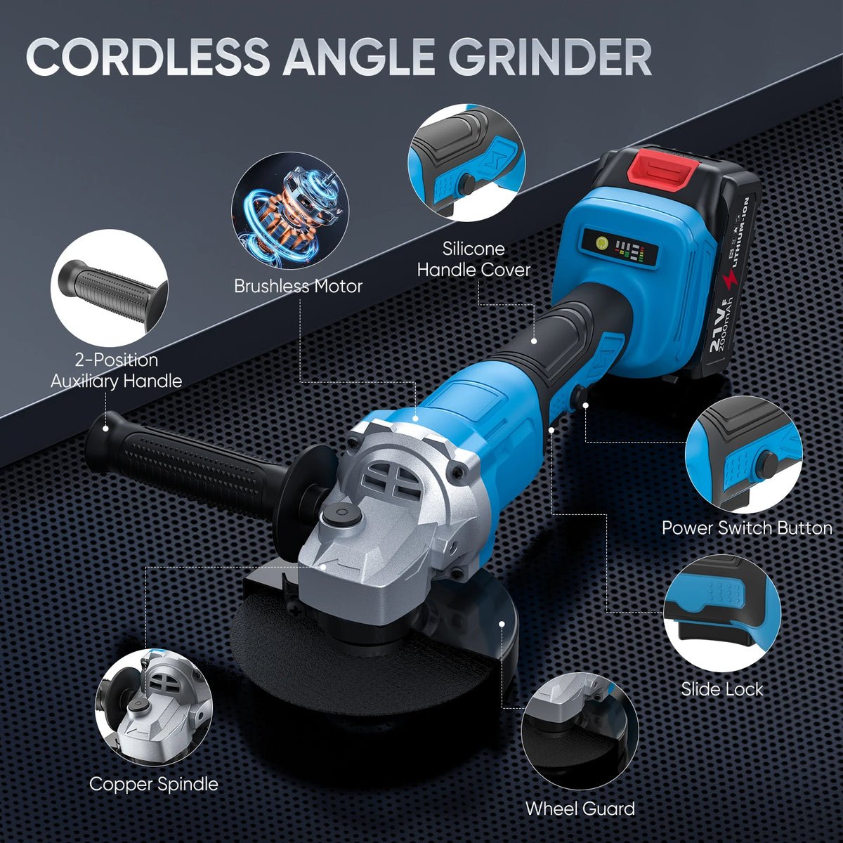 21V 125mm Brushless Angle Grinder 3-Speed Cordless Grinder Cutting Woodworking Electric Tool Suitable for Makita 21V Battery