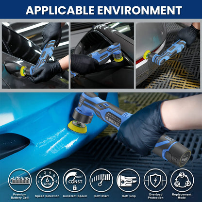 12V Cordless Mini Car Polisher RO/DA Dual Mode Polishing Machine, Comes with 1/1.5/2 Inch Pads Kit, Rechargeable Wireless Tool for Auto Detailing and Waxing