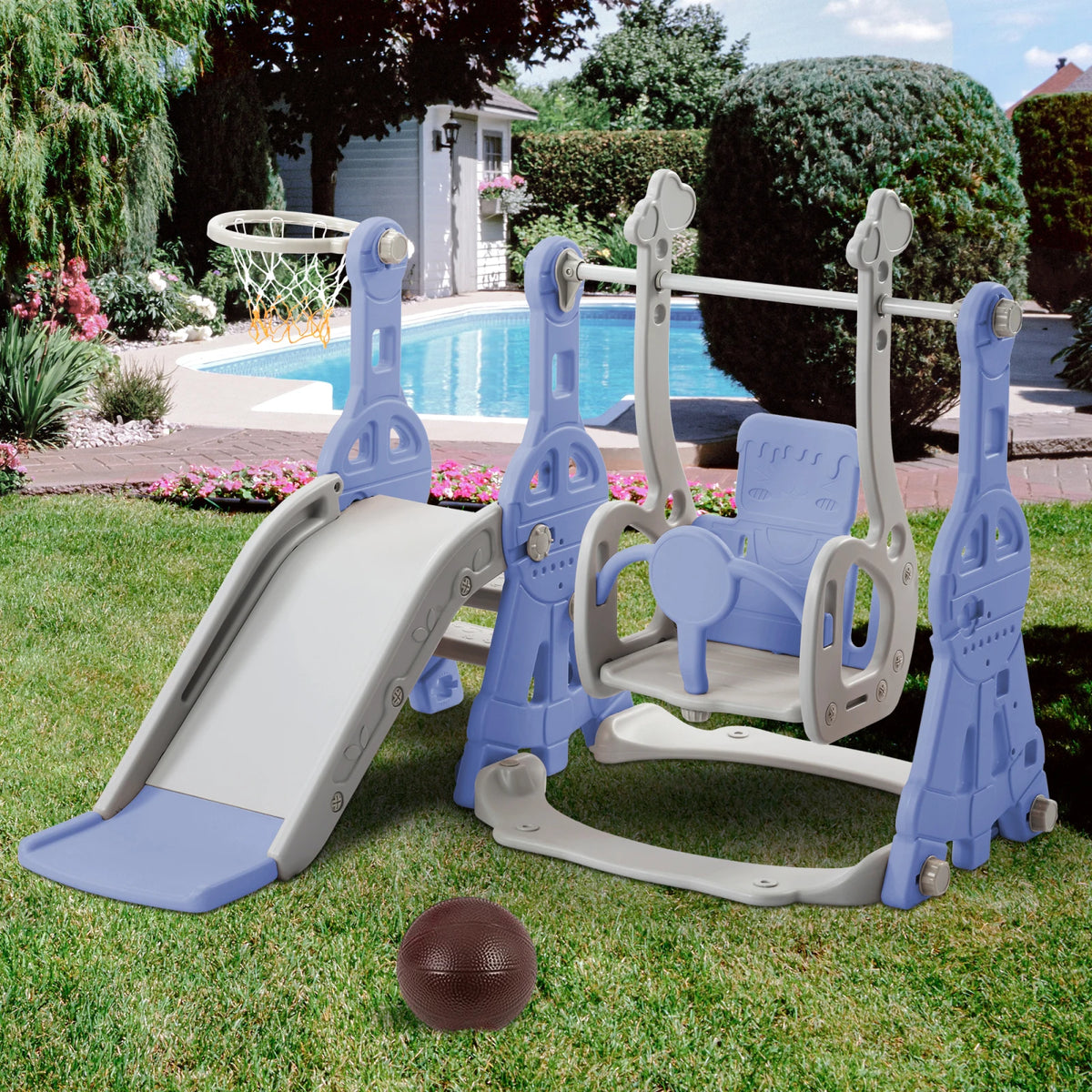 Anajqaqia 4-in-1 Toddler Playground Set, Kids Slide, Swing, Climbing Ladder and Basketball Hoop, Indoor Outdoor Play Center, Adjustable Swing, Blue