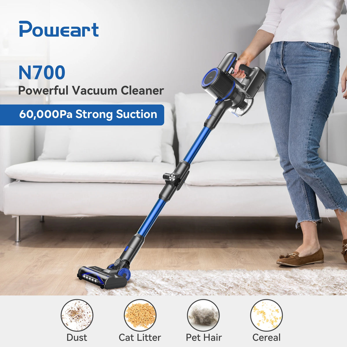 cordless vacuum cleaner, 60KPa, battery life 50 Min, tank 1L, for animal hair, Carpet and hard floors