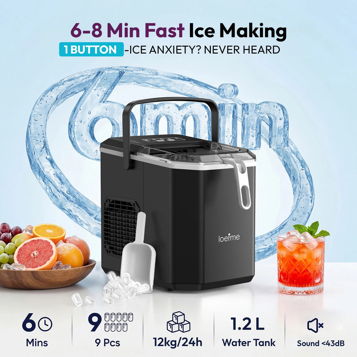LOEFME 1.2L Ice Cube Machine 12kg/24h Ice Cube Ice Machine For Home 9pcs In 6 Min Professional Ice Machine Scoop