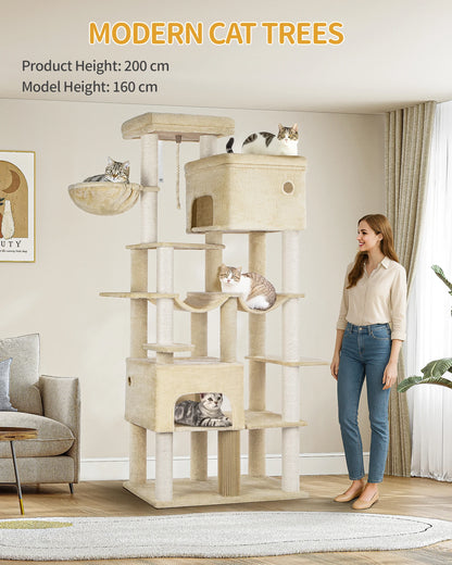 200cm XXL cat tree with 10 scratching posts, 2 caves, 2 hammocks, large platform,basket,for Maine Coons,large cats, beige