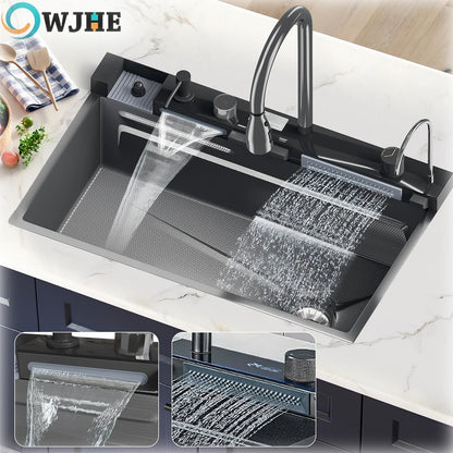 OWJHE304 Stainless Steel Kitchen Sink with Digital Display Waterfall Faucet Multifunctional 75*45cm Large Single Slot Whale Sink