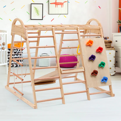 7 multifunctional 1 climbing Structure, made of solid drink, plywood and beech. Includes a swing, ladder, slide, climbing net, sockets and rings. Can also serve as shelter under tent.