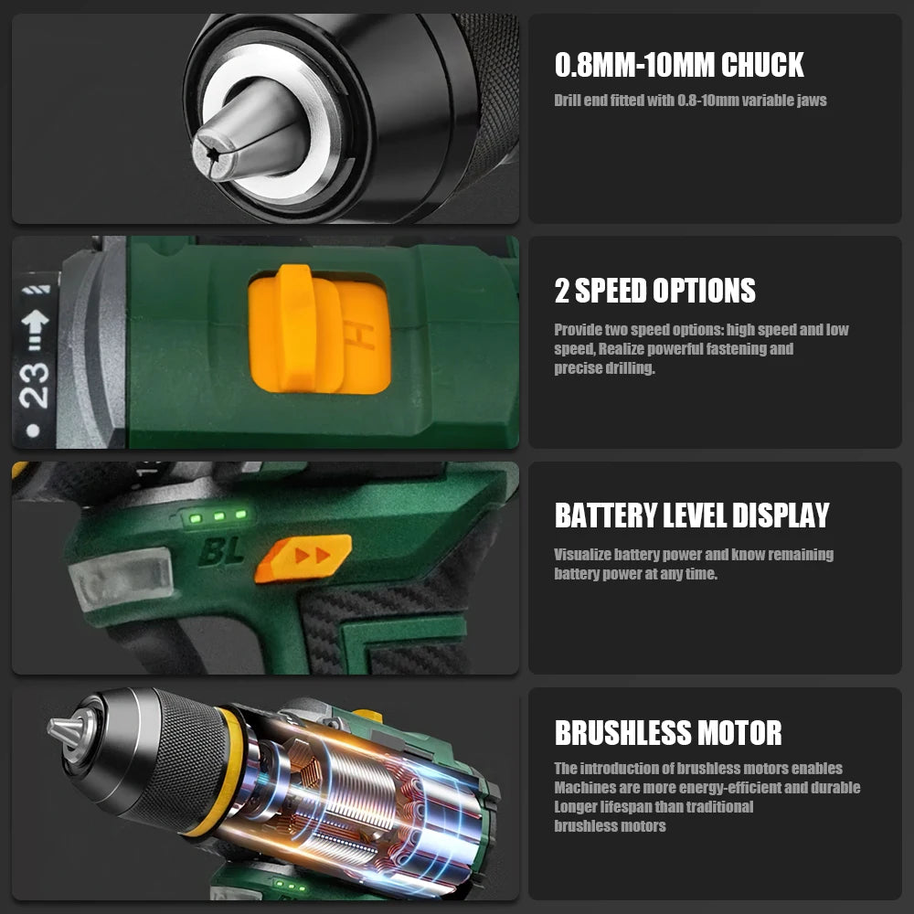 55N.M 10MM 23+1 Torque Brushless/Brushed (Yellow Kit) Electric Impact Drill Metal Ratchet Chuck Cordless Drill Electric Screwdriver DIY Power Tools