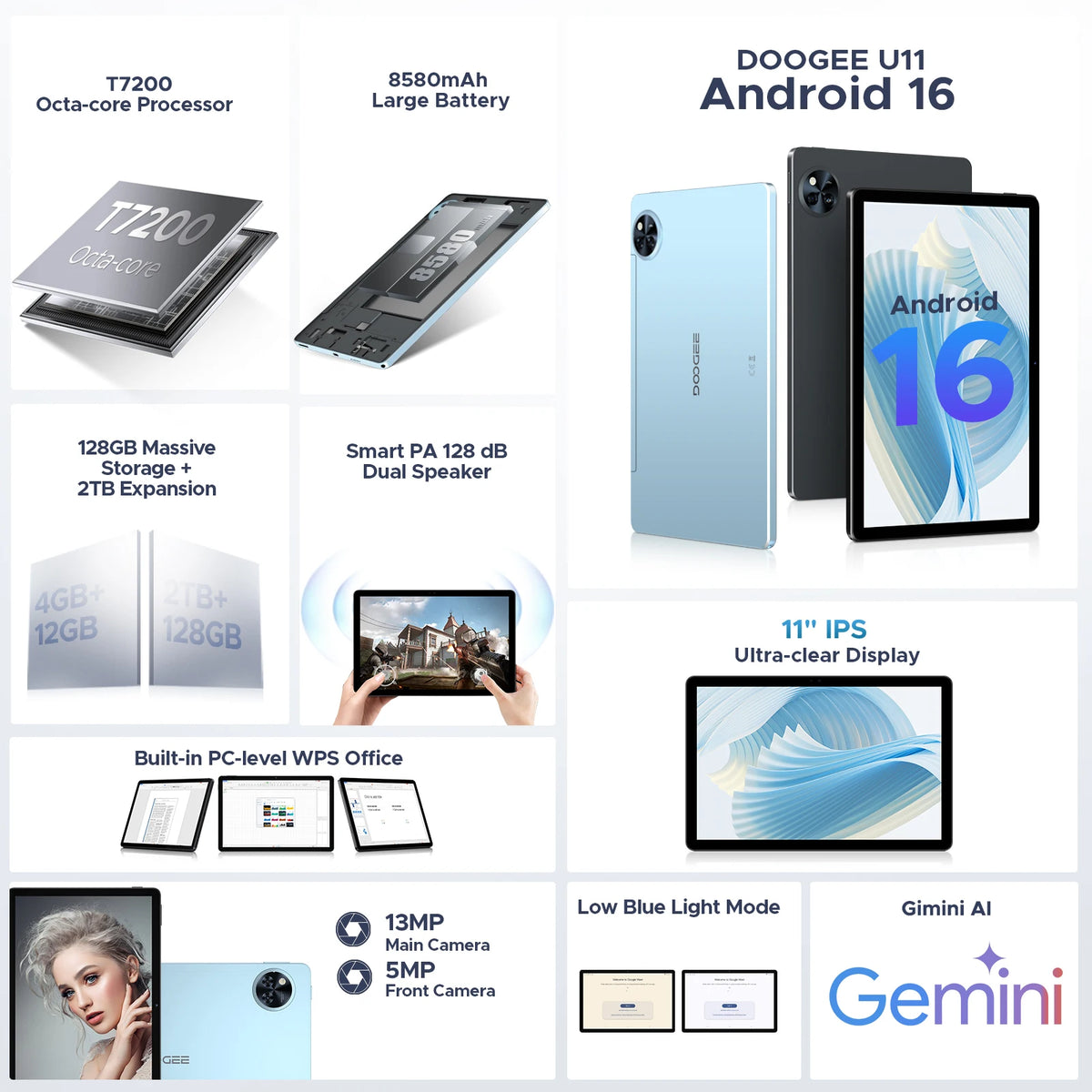 DOOGEE U11 Android 15 Tablet 11 Ultra-clear 90Hz Display 4GB RAM 128GB ROM 8580mAh Battery Dual Speaker Supports Widevine L1