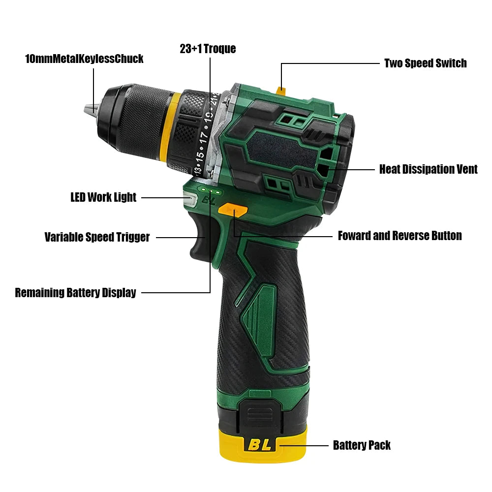 55N.M 10MM 23+1 Torque Brushless/Brushed (Yellow Kit) Electric Impact Drill Metal Ratchet Chuck Cordless Drill Electric Screwdriver DIY Power Tools