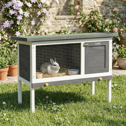 Rabbit Cage, Elevated Wooden Pet Cage for Small Animals, Outdoor Bunny Hutch with Removable Tray, Openable Top & Lockable Door Pet Cage for Small Animals
