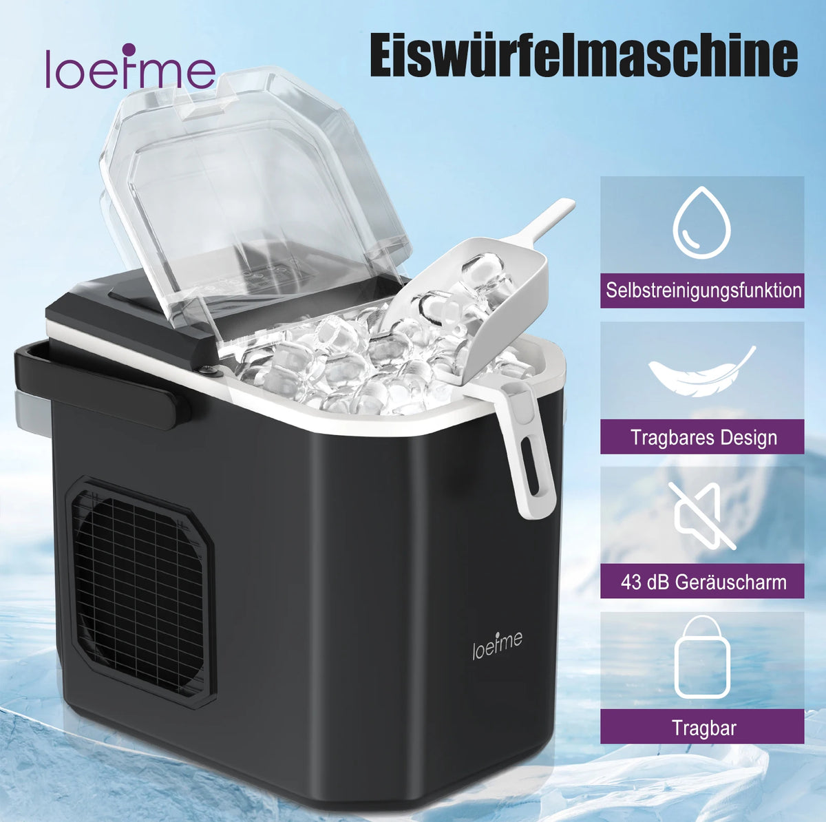 LOEFME 1.2L Ice Cube Machine 12kg/24h Ice Cube Ice Machine For Home 9pcs In 6 Min Professional Ice Machine Scoop