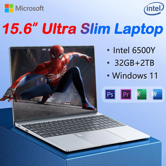 Lightweight 15.6" Laptop Intel 6500Y 32GB RAM 2TB SSD 5000mAh Windows 11 Backlit Keyboard Fingerprint for Business & Gaming