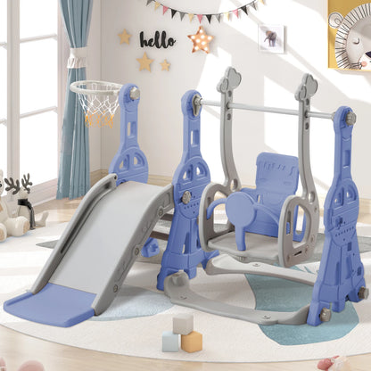 Anajqaqia 4-in-1 Toddler Playground Set, Kids Slide, Swing, Climbing Ladder and Basketball Hoop, Indoor Outdoor Play Center, Adjustable Swing, Blue