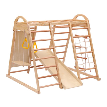 7 multifunctional 1 climbing Structure, made of solid drink, plywood and beech. Includes a swing, ladder, slide, climbing net, sockets and rings. Can also serve as shelter under tent.