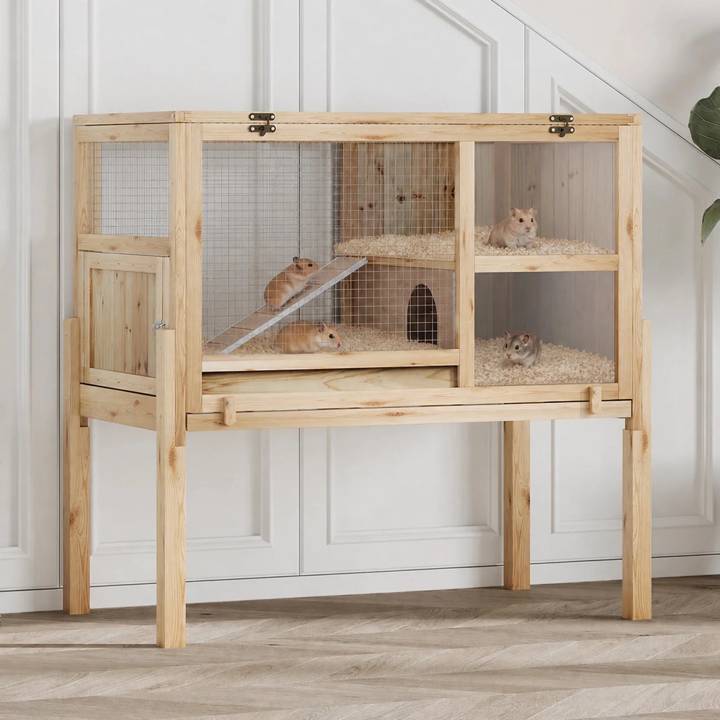 HiMISS Guinea Pig Cages Indoor, Wooden Guinea Pig Cages with Stand Rabbit Cage Hutch with Ramp and Hideout, Small Animals Cage Habitat with Not Leakage Pull Out Tray