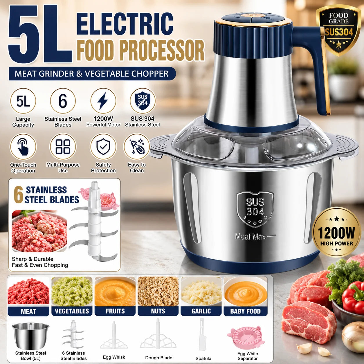 5L Electric Food Processor Meat Grinder with 6 Stainless Steel Blades Multifunction Meat Chopper Vegetable Cutter Food Mincer Large Capacity Kitchen Chopper for Meat Vegetables Fruits Garlic Onion Nuts Baby Food