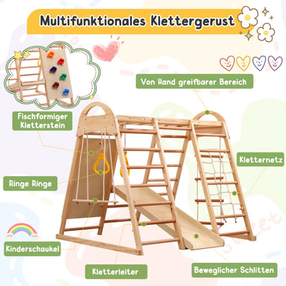 7 multifunctional 1 climbing Structure, made of solid drink, plywood and beech. Includes a swing, ladder, slide, climbing net, sockets and rings. Can also serve as shelter under tent.