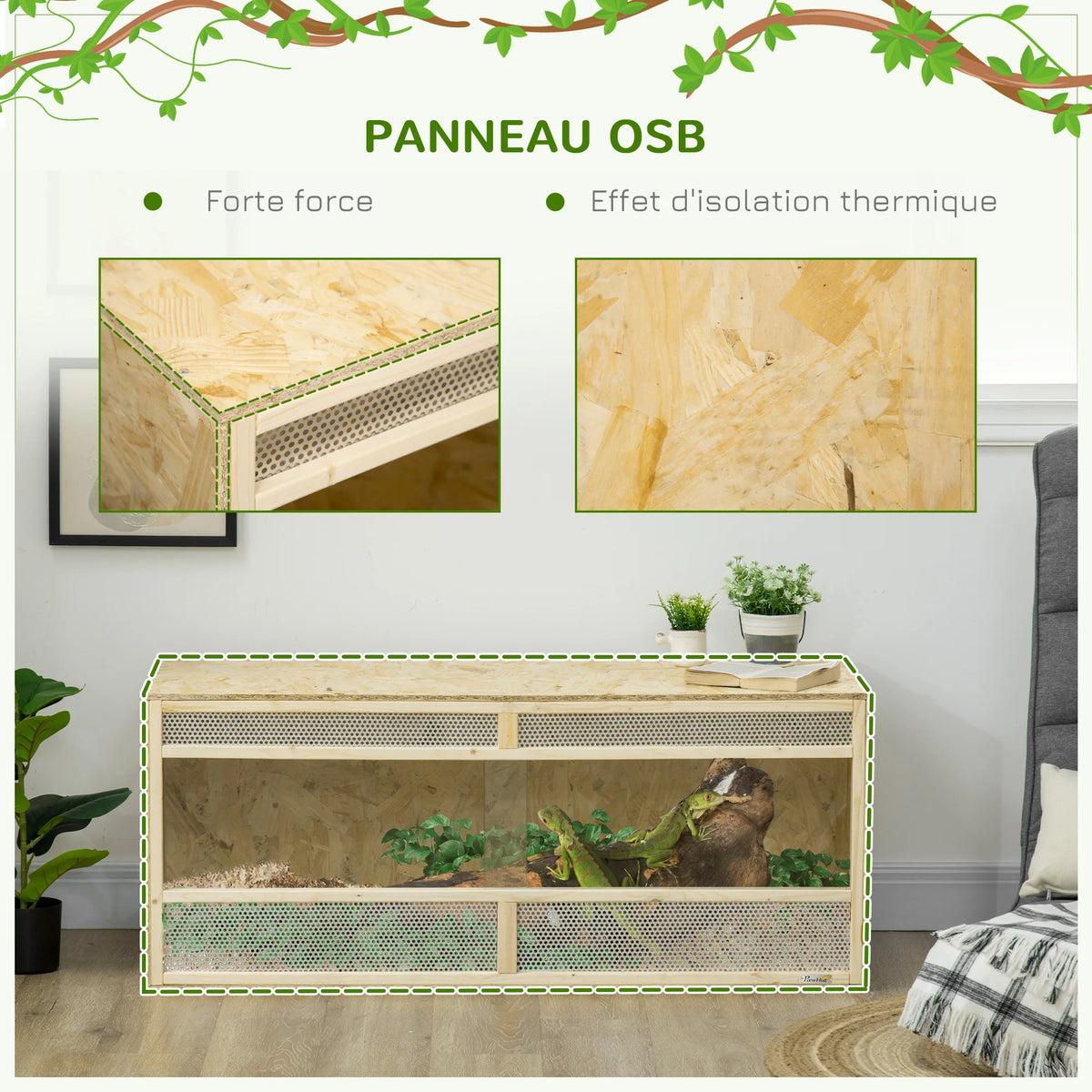 OSB Wooden Reptile Terrarium with Sliding Glass Doors and Ventilated Mesh Panels, Spacious Indoor Habitat with Clear View, Breathable Enclosure for Chameleons, Lizards, Snakes and Other Amphibians, Ideal for Climbing, Hiding