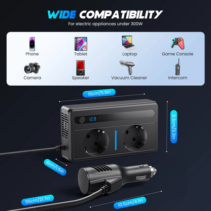 300W Car Inverter 12V to 220V European Standard Multi-Functional Digital Display With 2 AC Sockets, 2 USB Ports, 2 Type-C PD Ports