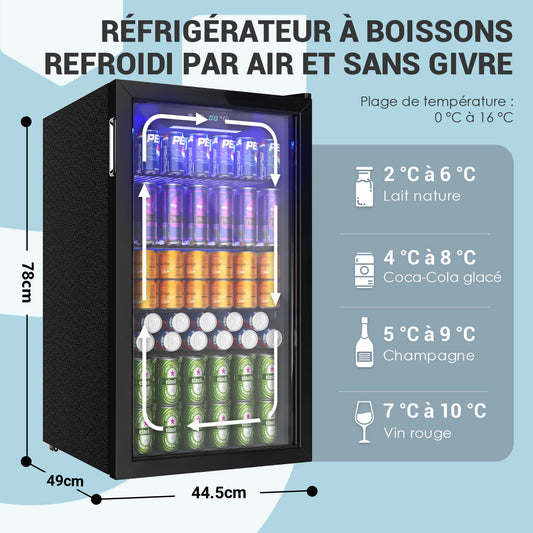 Drinks refrigerator with Glass Door for 126 Cans Adjustable Shelves Beer/Wine Home/Bar/office Black stainless steel