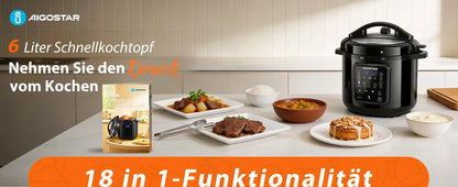 Aigostar Electric Pressure Cooker 6L, 18-in-1 Multi-Cooker with Color Recipe Book, 1000W Pressure Cooker for Families