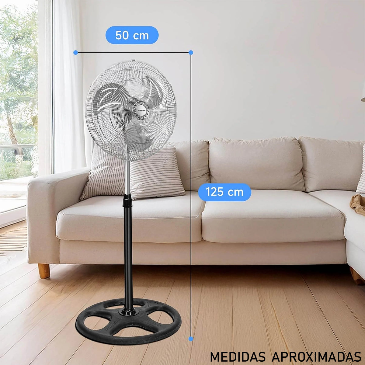 80W Silent Standing Fan with 3 Speeds and Oscillating Function, Diameter 45cm, Temperature Range 5 to 42 Degrees, Ce and Rohs Certified, Powerful and Efficient