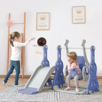 Anajqaqia 4-in-1 Toddler Playground Set, Kids Slide, Swing, Climbing Ladder and Basketball Hoop, Indoor Outdoor Play Center, Adjustable Swing, Blue