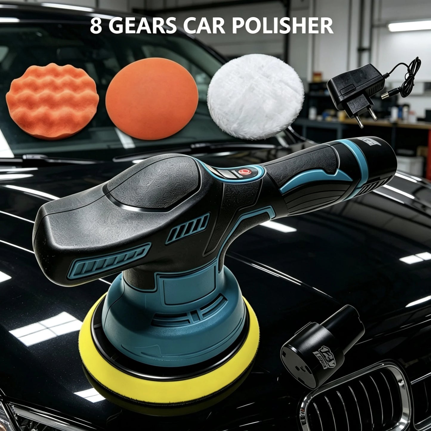 This 12V cordless electric polisher/Sander features 8 adjustable speeds and comes with a spare battery. It includes a sponge pad, dusting pad, and sandpaper. Suitable for car repair and detailing, polishing wood furniture sur