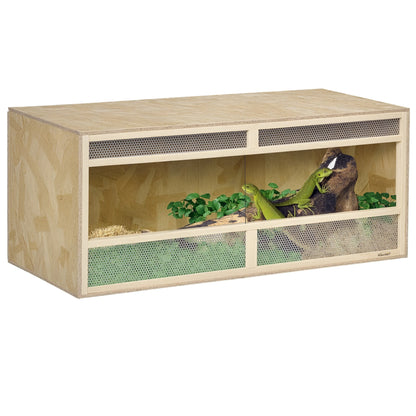 OSB Wooden Reptile Terrarium with Sliding Glass Doors and Ventilated Mesh Panels, Spacious Indoor Habitat with Clear View, Breathable Enclosure for Chameleons, Lizards, Snakes and Other Amphibians, Ideal for Climbing, Hiding