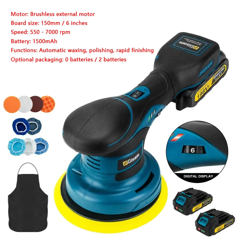 Cordless Buffer Polisher, 6 Variable Speeds, 2800-6000 RPM Car Buffer Polisher Kit With 2pcs 3.0Ah Battery For Car Polishing