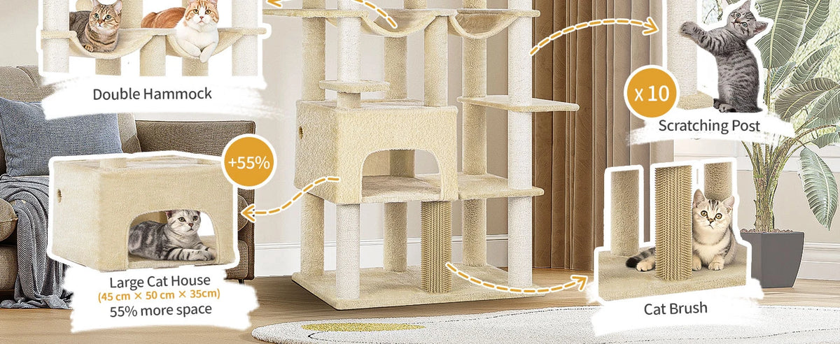 200cm XXL cat tree with 10 scratching posts, 2 caves, 2 hammocks, large platform,basket,for Maine Coons,large cats, beige