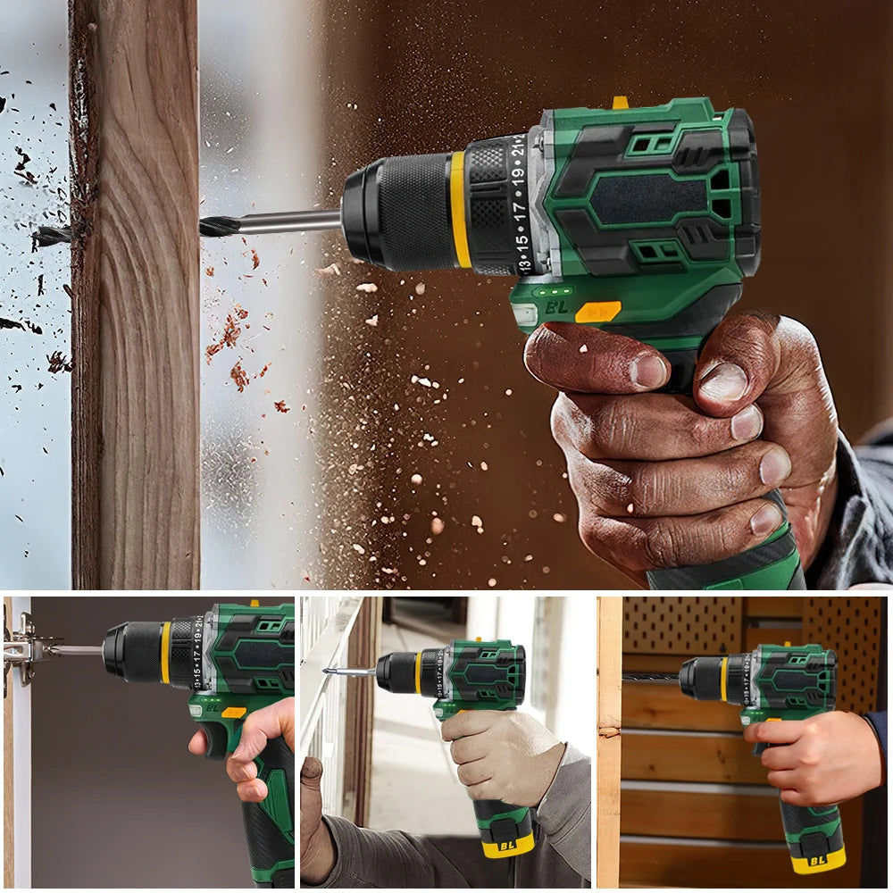 55N.M 10MM 23+1 Torque Brushless/Brushed (Yellow Kit) Electric Impact Drill Metal Ratchet Chuck Cordless Drill Electric Screwdriver DIY Power Tools
