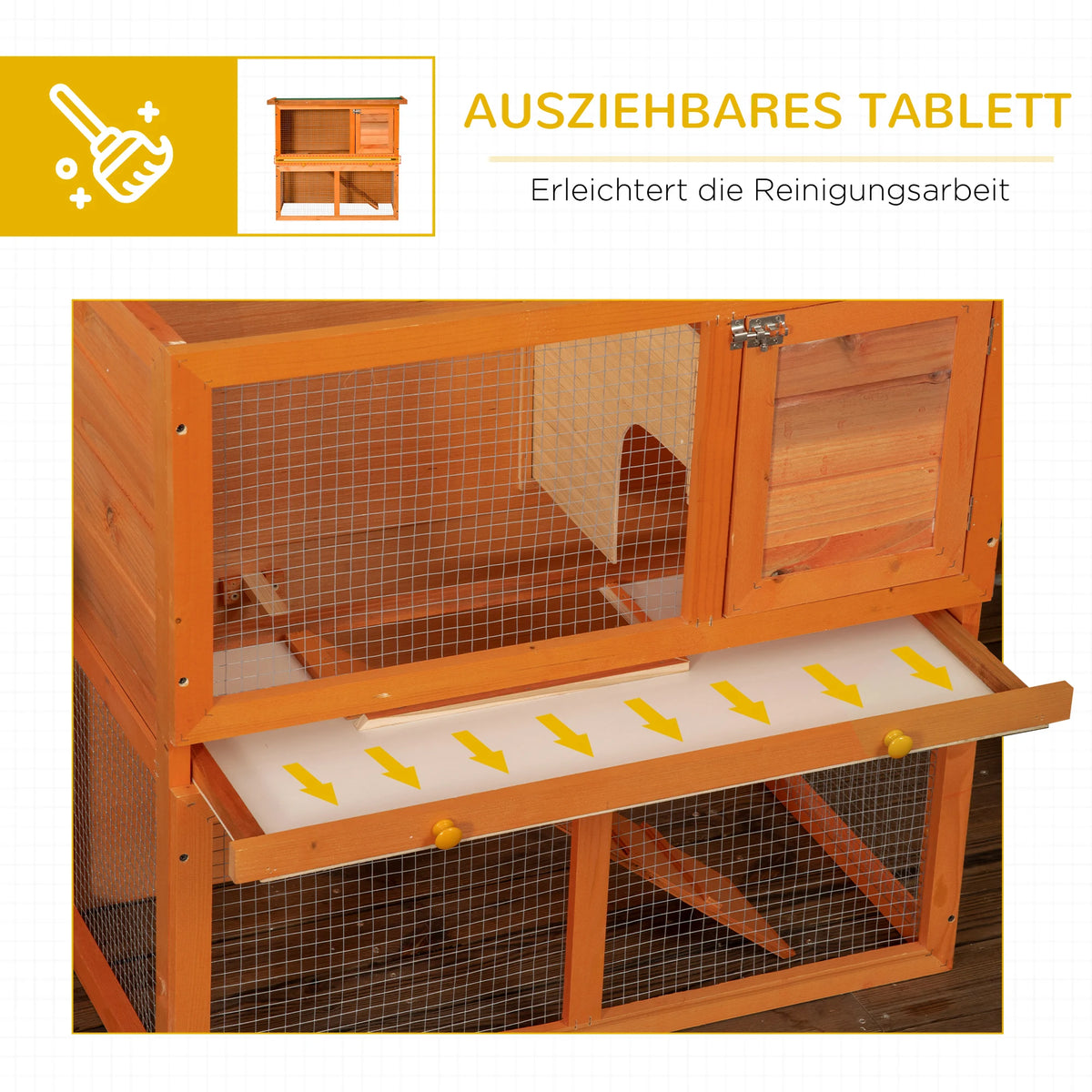 Rabbit Cage, 2-Tier Wooden Pet Hutch, Outdoor Bunny Cage with Removable Tray, Openable Roof & Lockable Doors for Small Animals with Easy Clean Tray