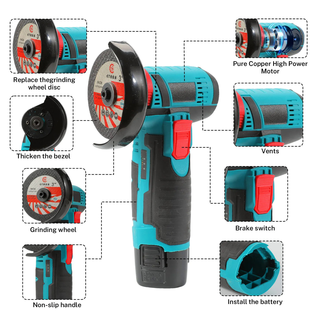 12V Cordless Angle Grinder Kit Lithium Battery Rechargeable 19500RPM Mini Polishing Cutting Machine Tools for DIY Home Projects