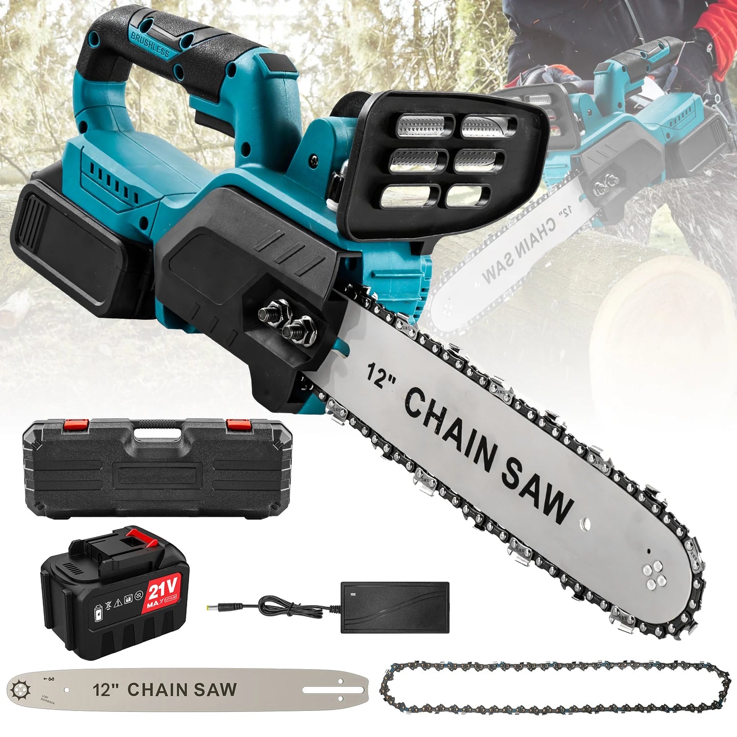1500W 12Inch Cordless Chainsaw Brushless Lithium Battery Powered Household Woodworking Electric Efficient Handheld Cutting Power Tool with Makita 21V Battery