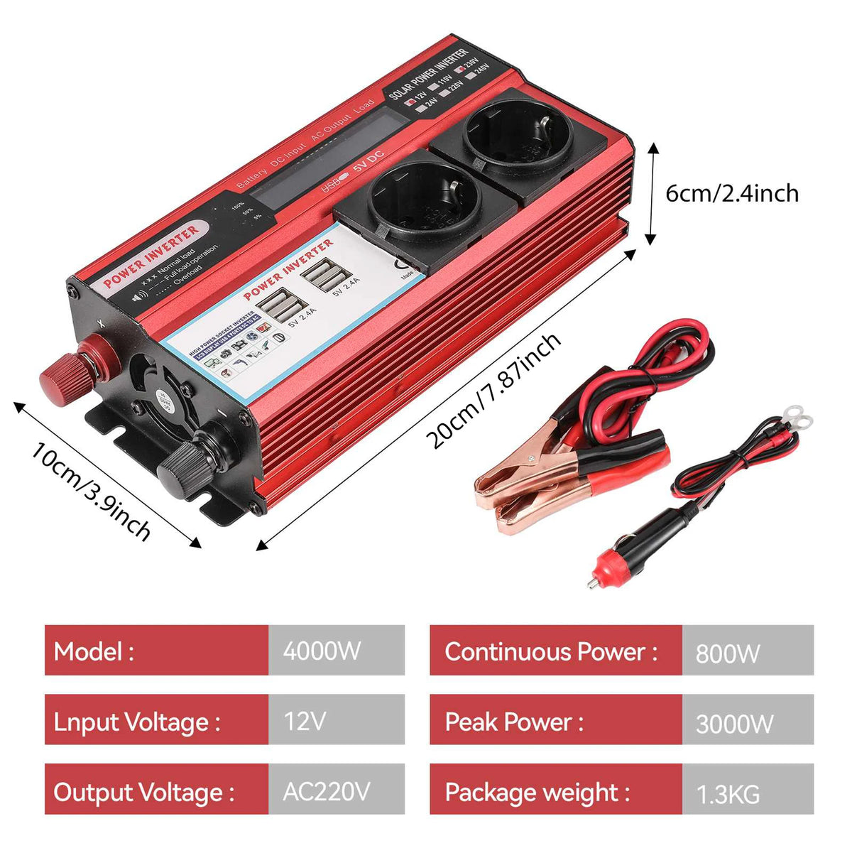 4000W 3000W Power Inverter DC 12V To AC 220V 230V Transformer with 4 USB EU Socket Charge with LED Display for RV Phone Car