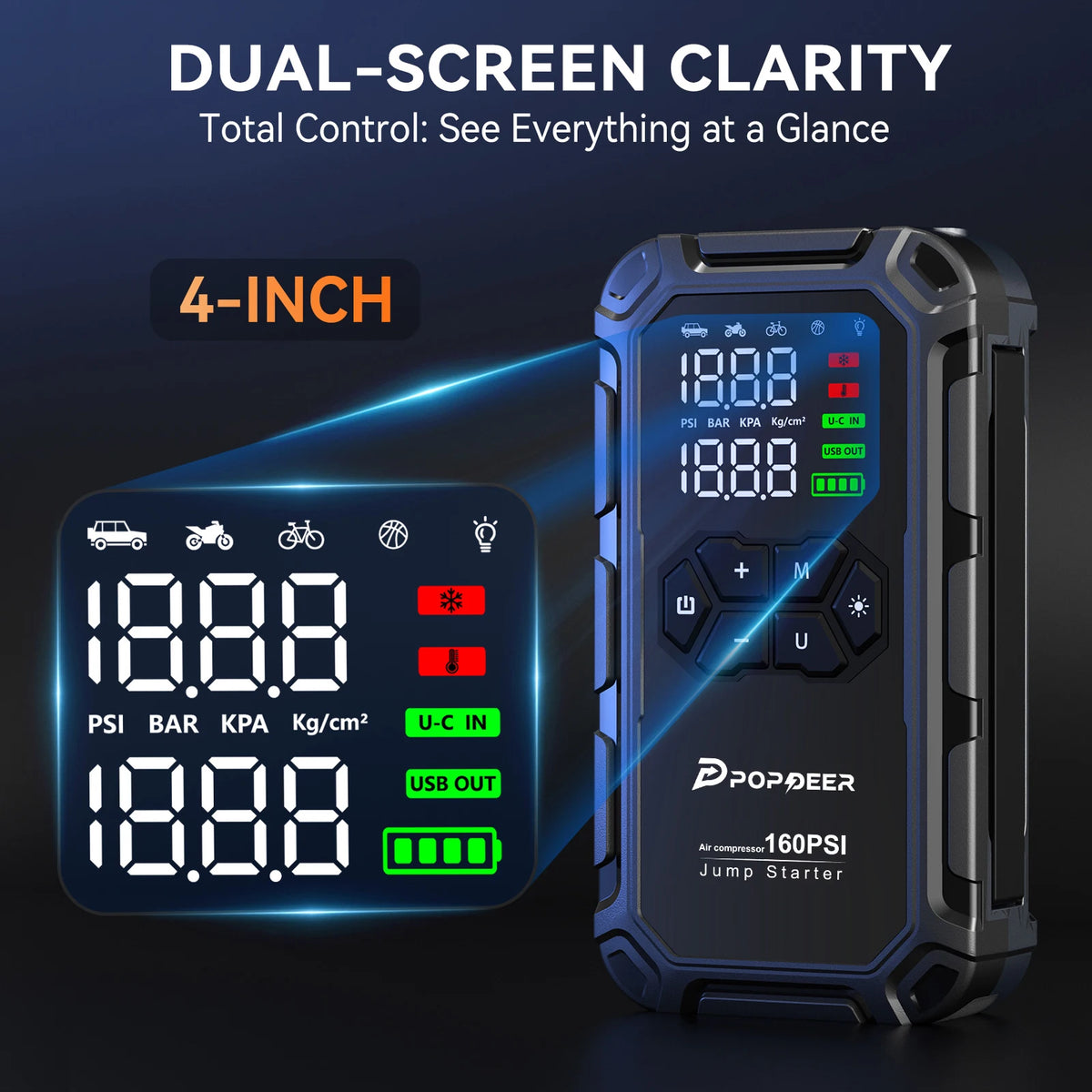 POPDEER PD-JA66 6000A Jump Starter with Air Compressor 160PSI, for All Gas & 8L Diesel Engines, LCD Display, USB Port, LED Light